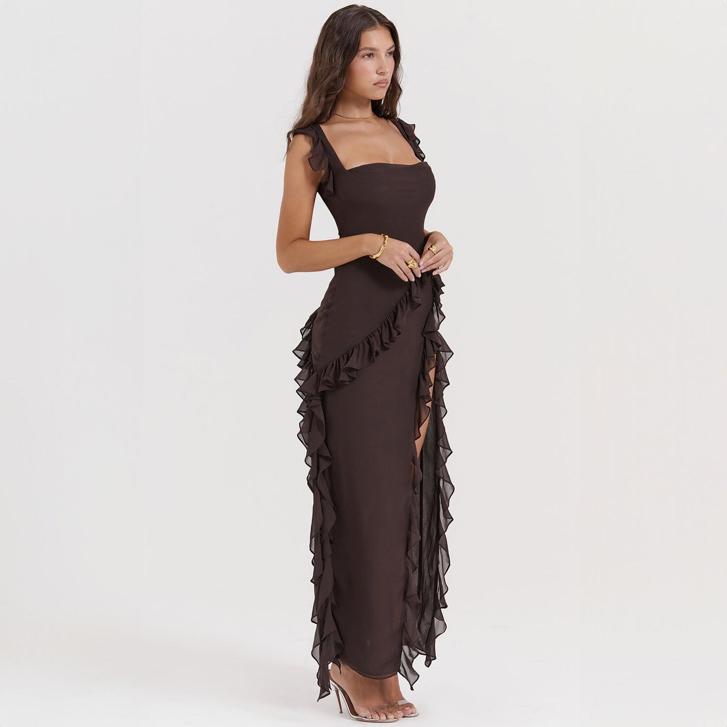 Vestido Giorgia comprido em chiffon com folhos e abertura
