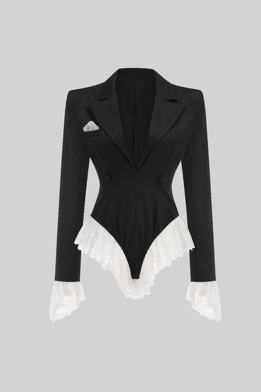 Body de Blazer Elegante com Renda Branca - Preto