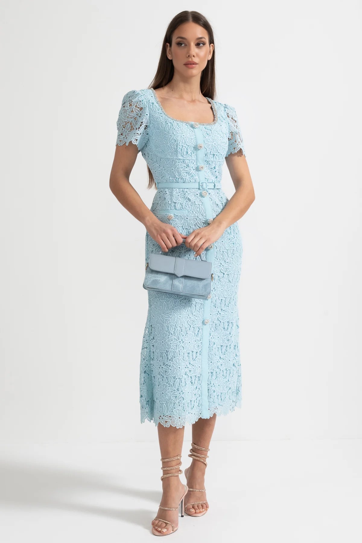 Vestido Midi de Renda Azul Delicada - Azul Bebé