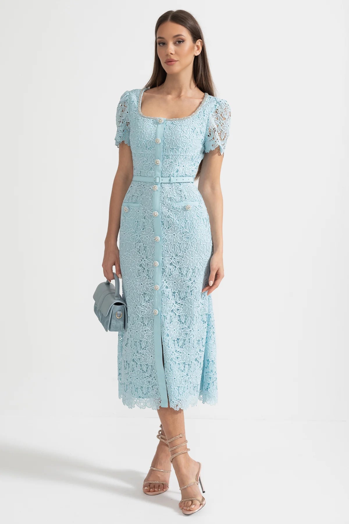 Vestido Midi de Renda Azul Delicada - Azul Bebé