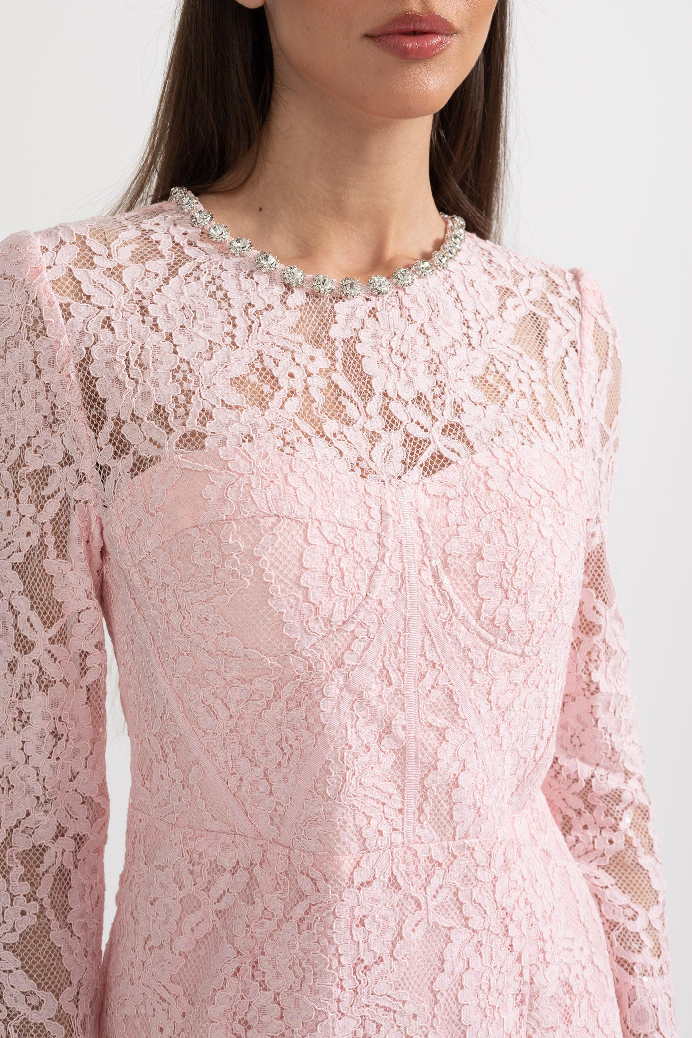 Vestido Elegante de Renda de Manga Longa com Cinto Correspondente - Rosa