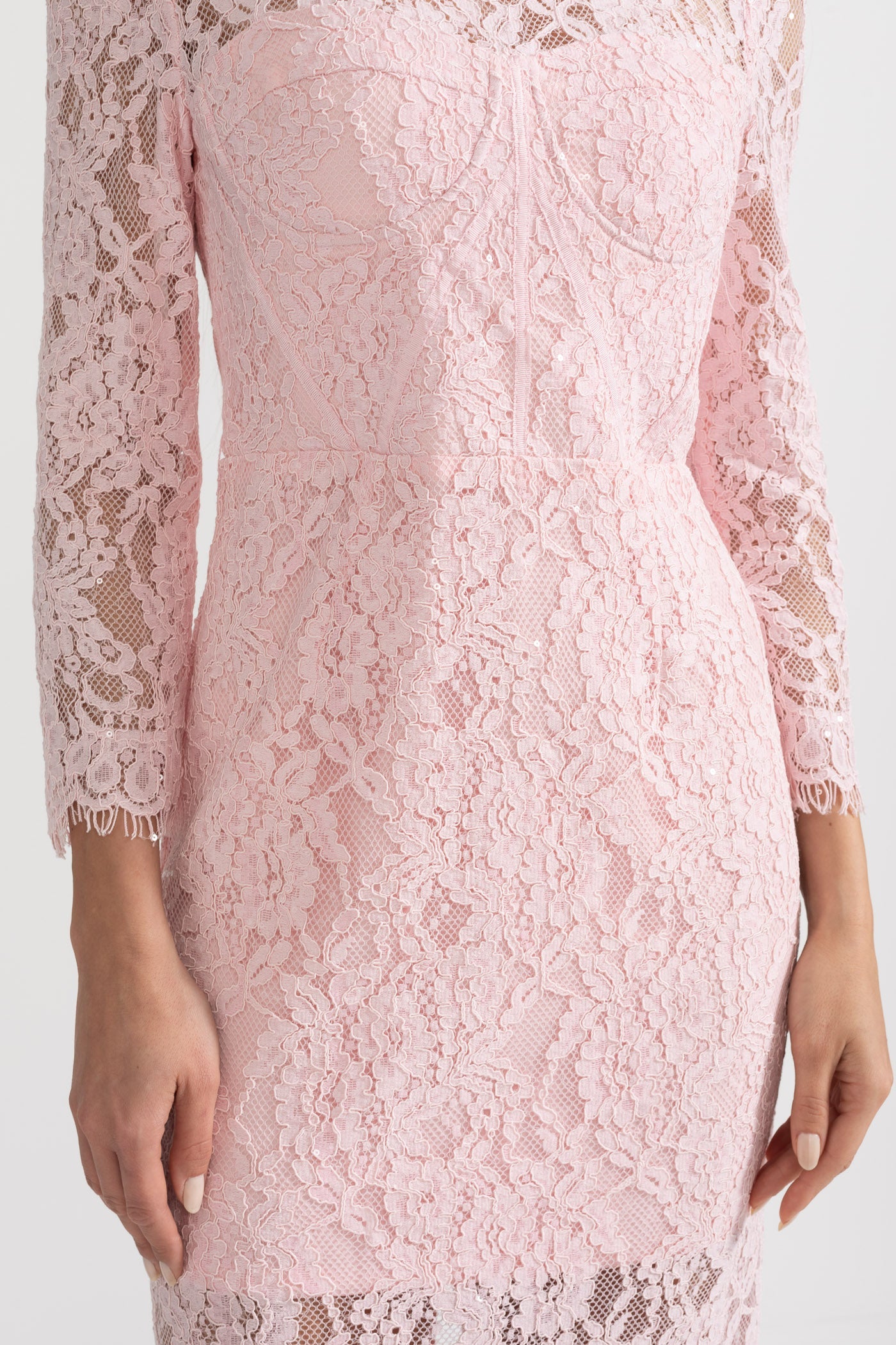 Vestido Elegante de Renda de Manga Longa com Cinto Correspondente - Rosa