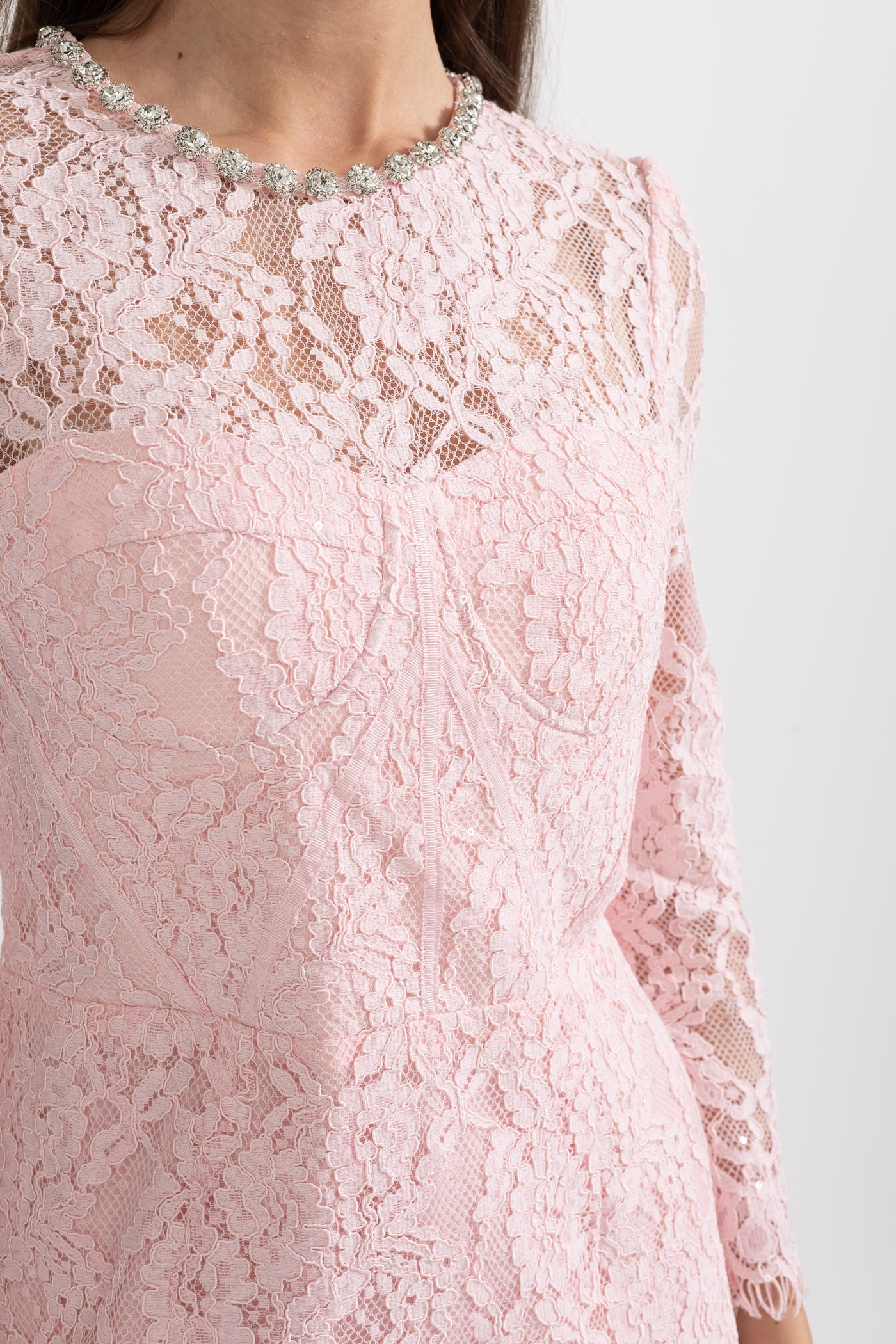 Vestido Elegante de Renda de Manga Longa com Cinto Correspondente - Rosa