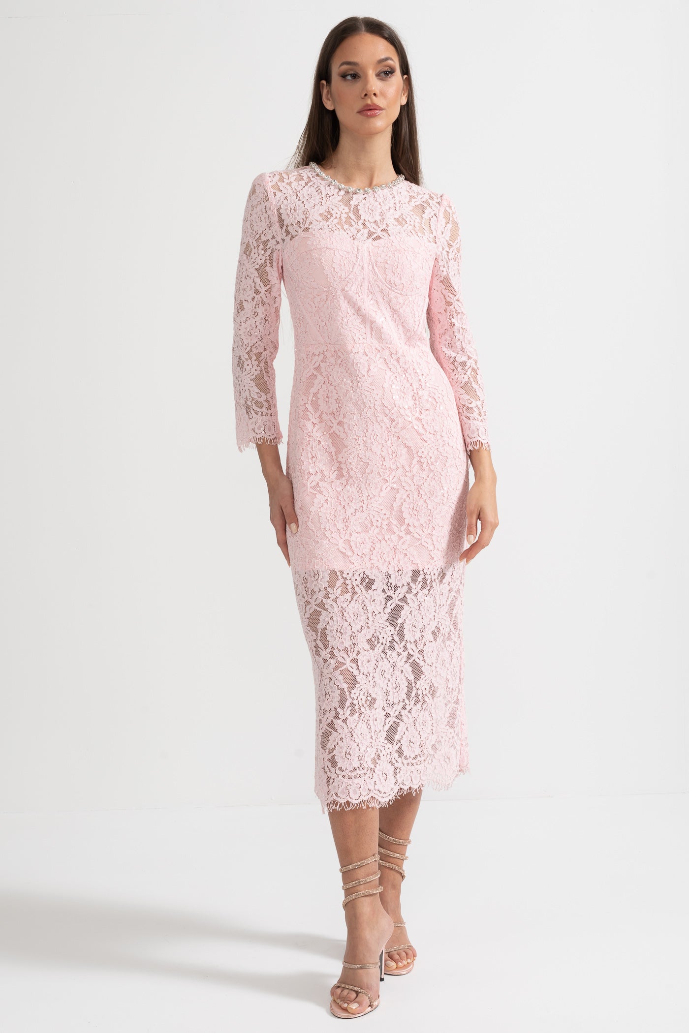 Vestido Elegante de Renda de Manga Longa com Cinto Correspondente - Rosa