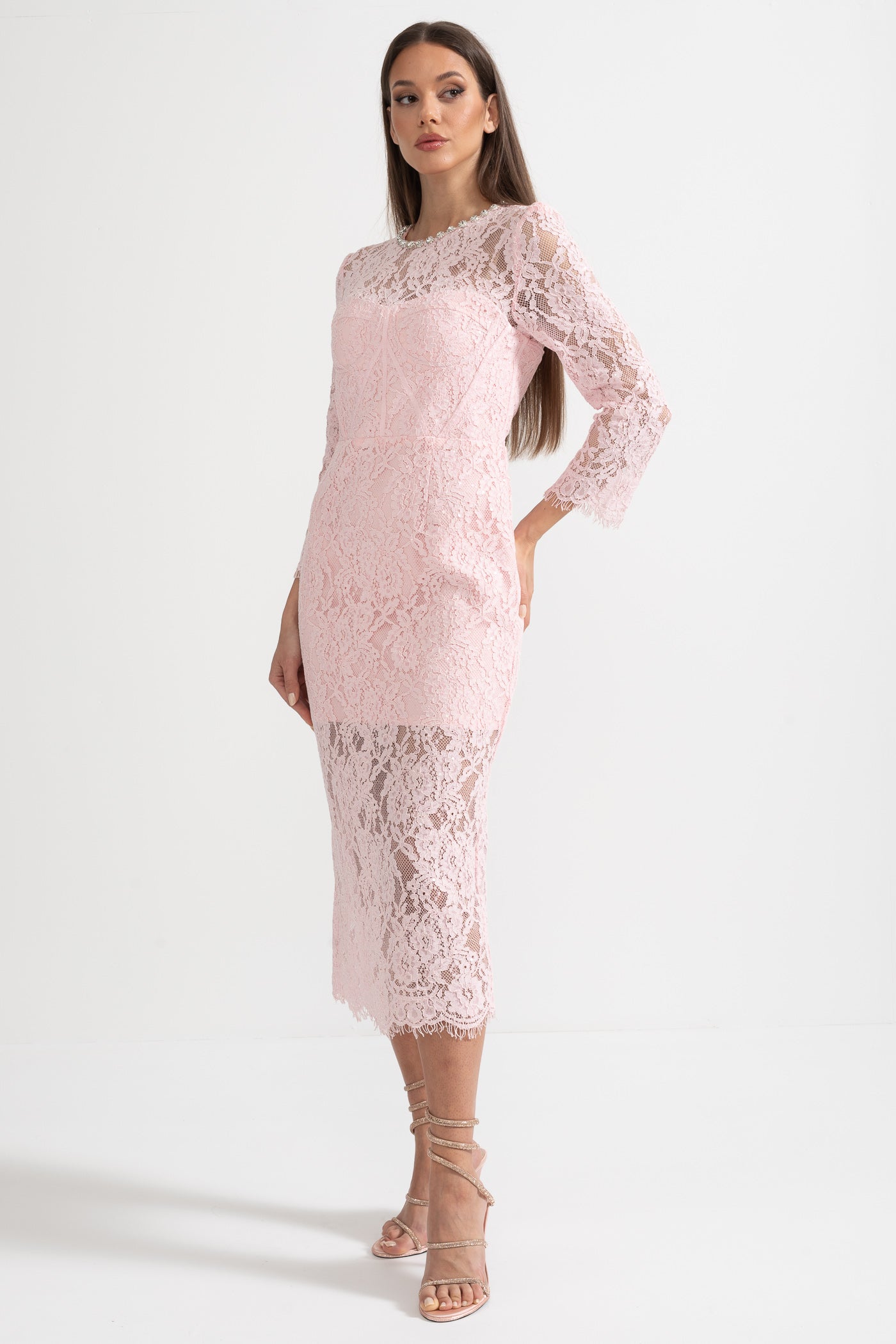 Vestido Elegante de Renda de Manga Longa com Cinto Correspondente - Rosa