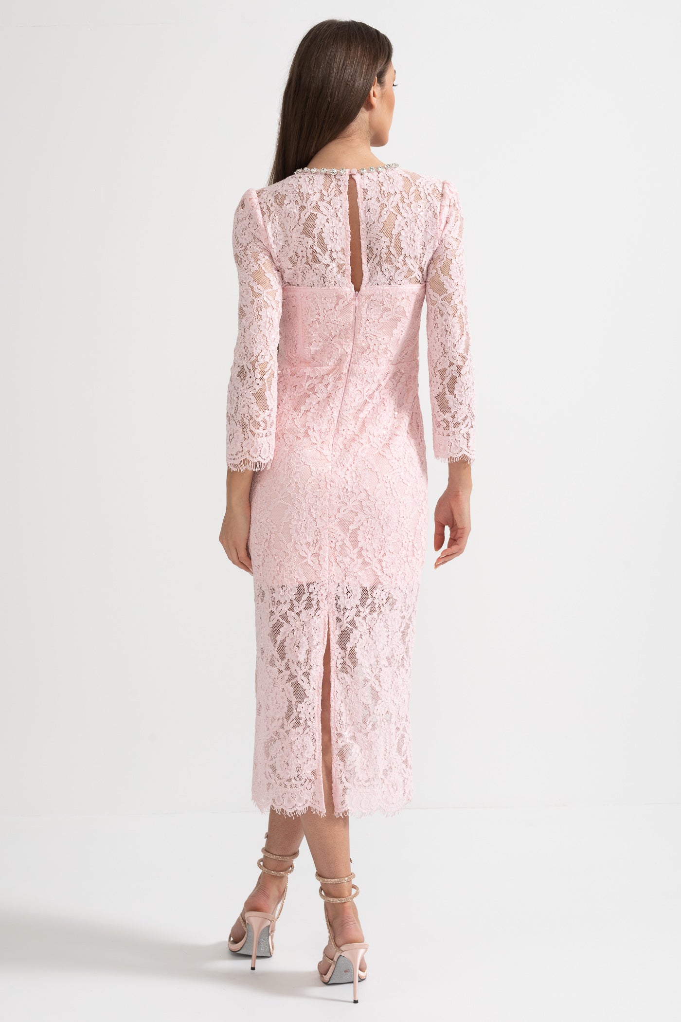 Vestido Elegante de Renda de Manga Longa com Cinto Correspondente - Rosa