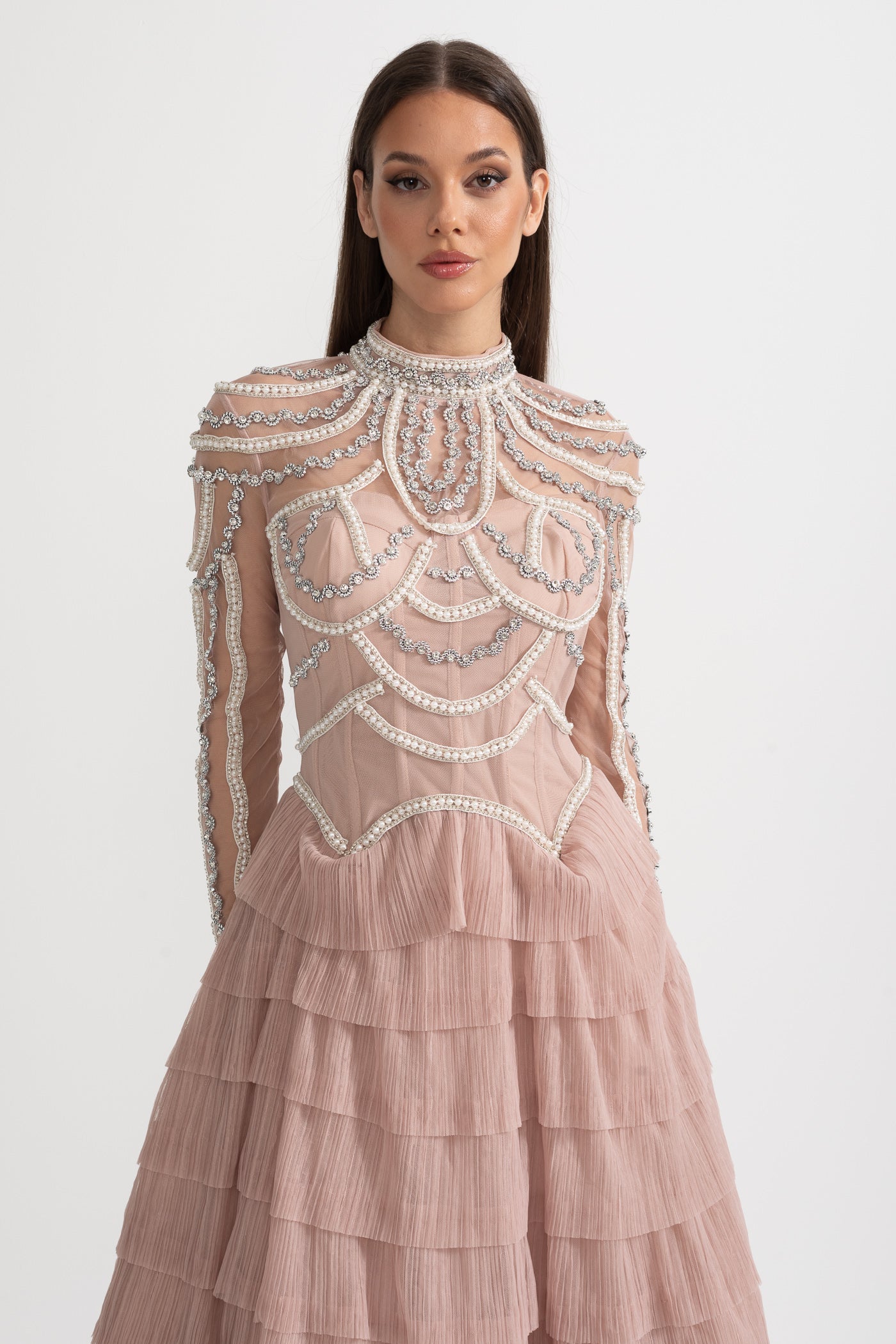 Vestido Elegante de Manga Longa com Saia em Camadas e Rendas Intricadas - Rosa