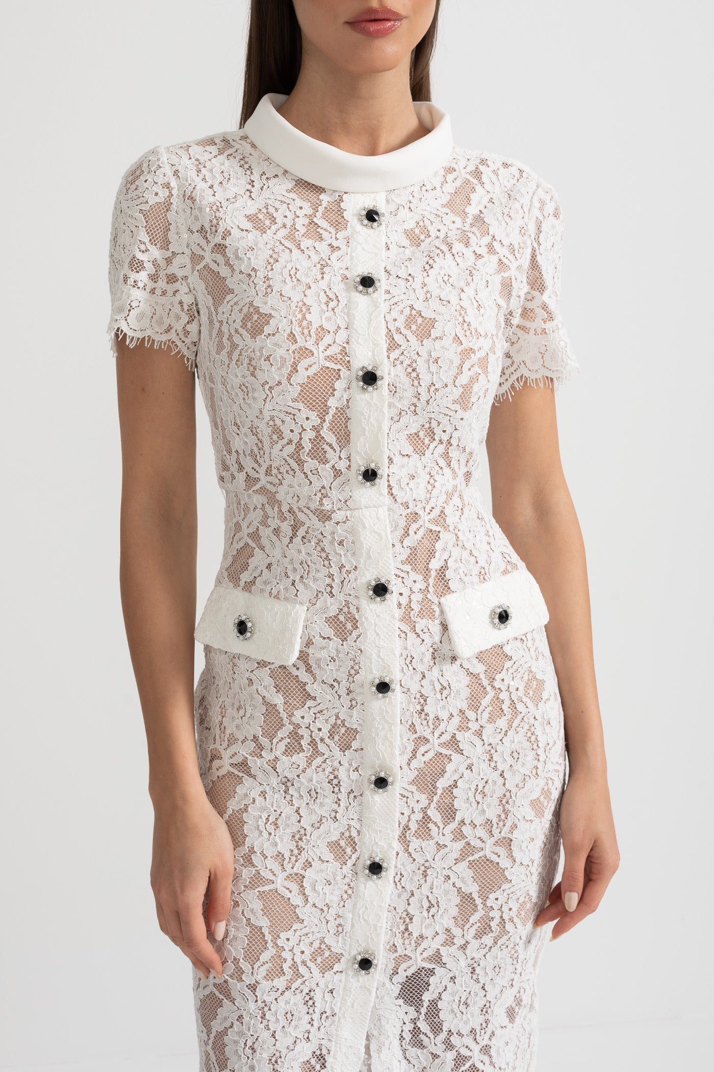 Vestido Elegante de Renda de Manga Curta com Cinto Coordenado - Branco