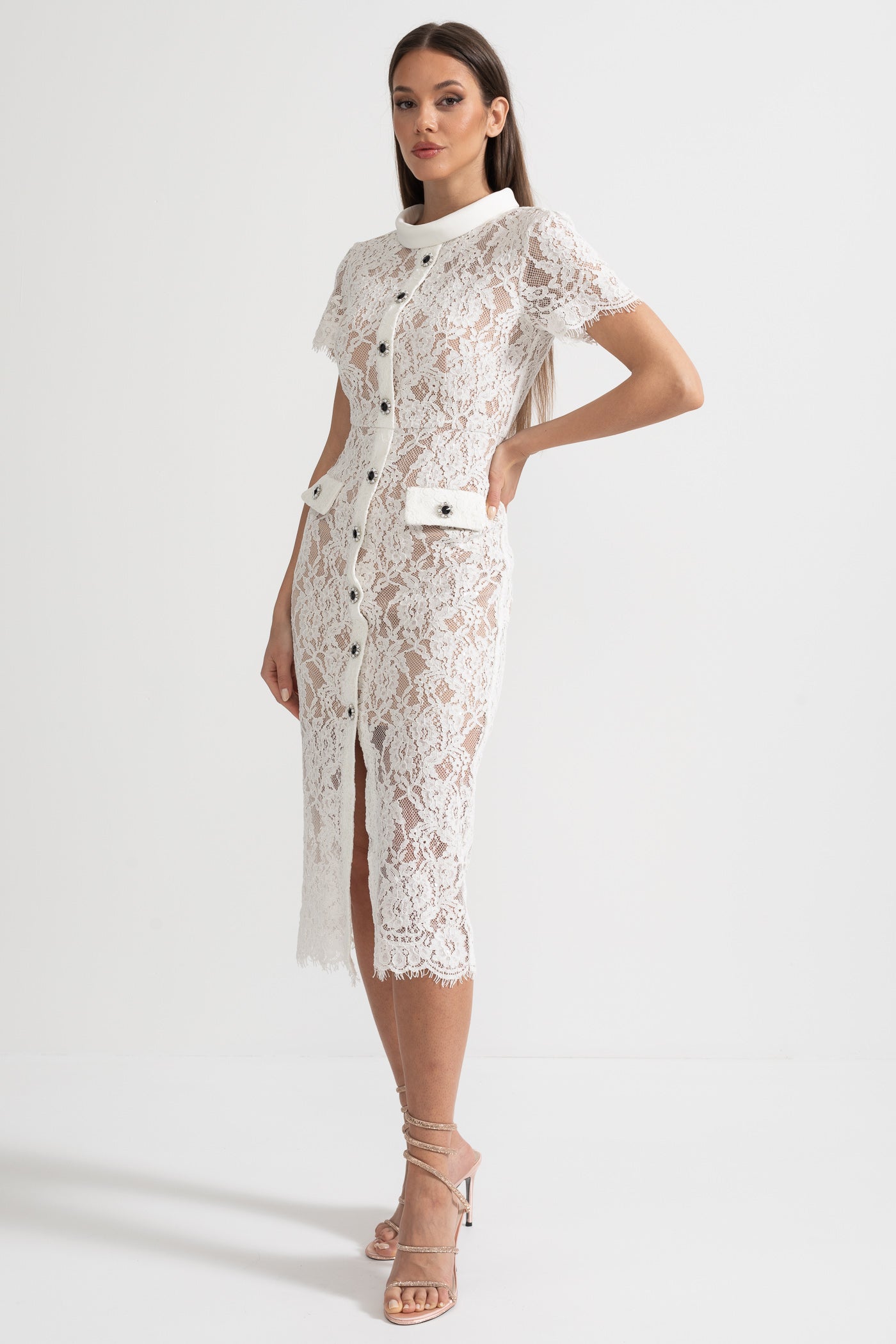Vestido Elegante de Renda de Manga Curta com Cinto Coordenado - Branco