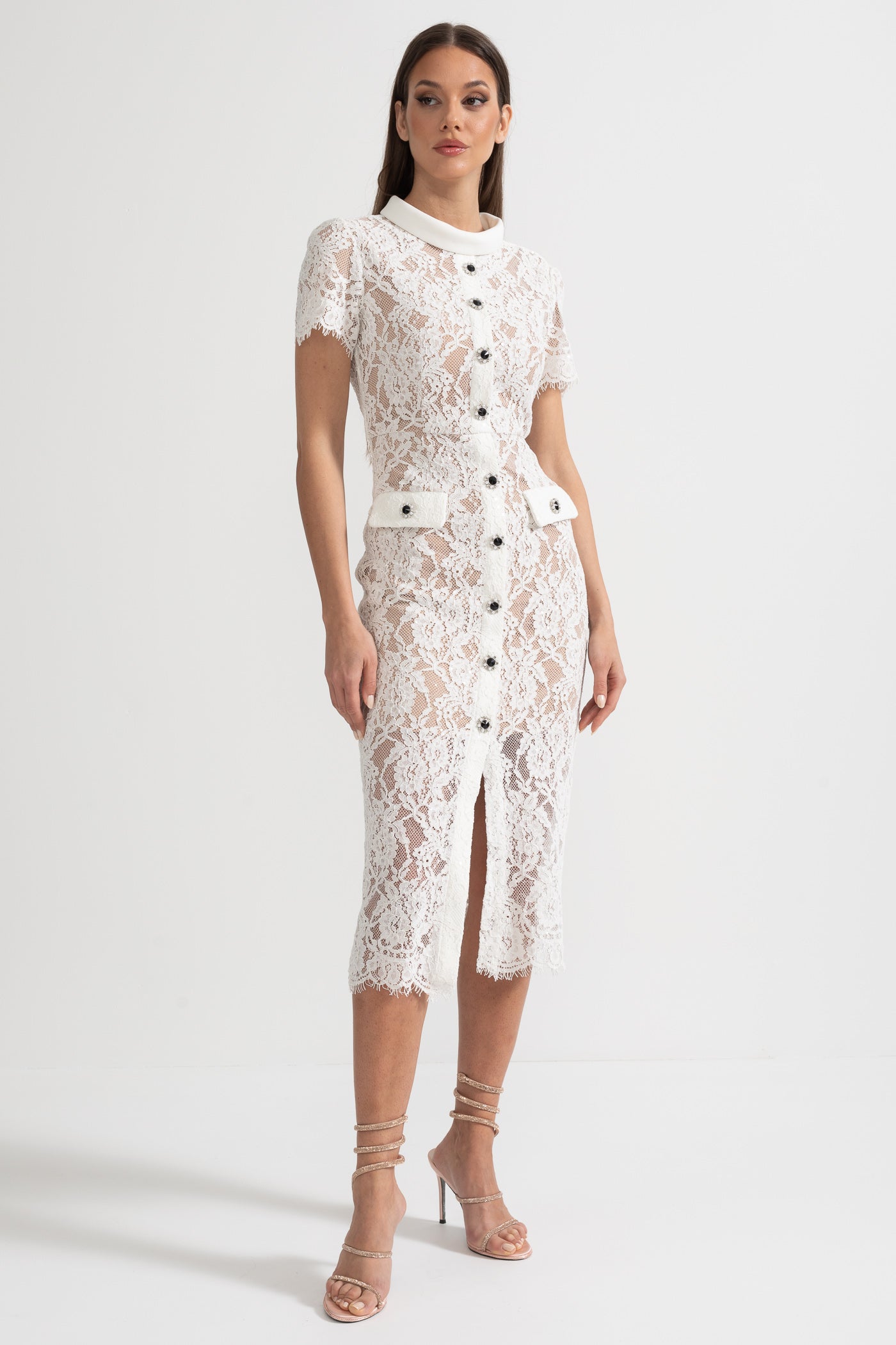 Vestido Elegante de Renda de Manga Curta com Cinto Coordenado - Branco