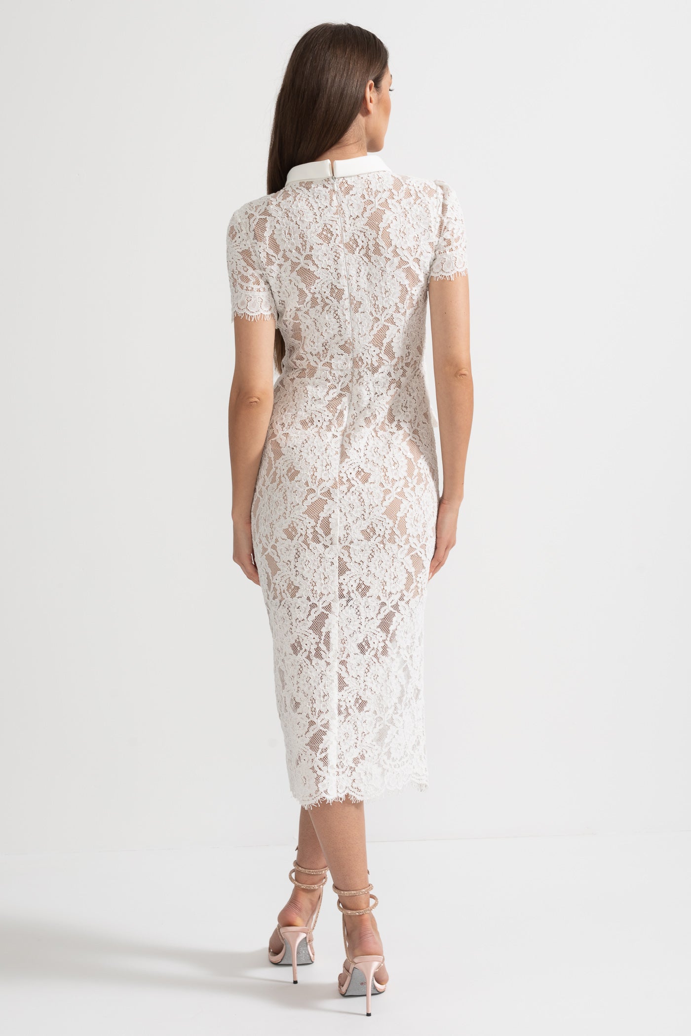 Vestido Elegante de Renda de Manga Curta com Cinto Coordenado - Branco