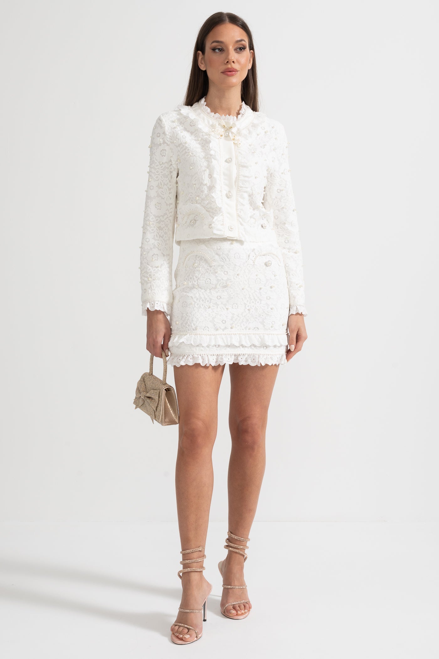 Conjunto Elegante de Duas Peças com Exquisitas Aplicações de Pérolas - Branco