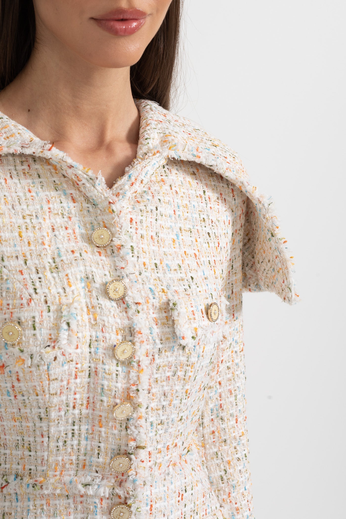 Vestido de Tweed Texturizado de Manga Longa com Lapas de Ombro Distintivas - Ivoire