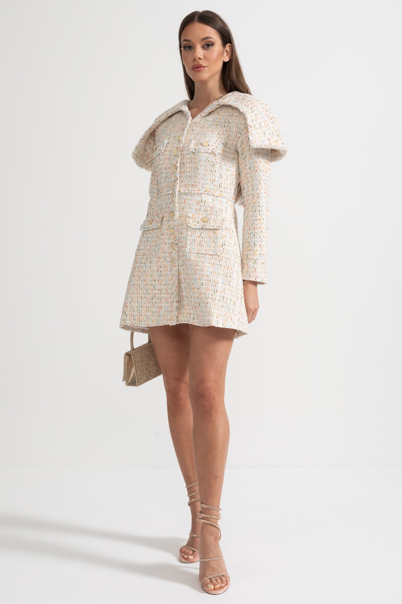 Vestido de Tweed Texturizado de Manga Longa com Lapas de Ombro Distintivas - Ivoire