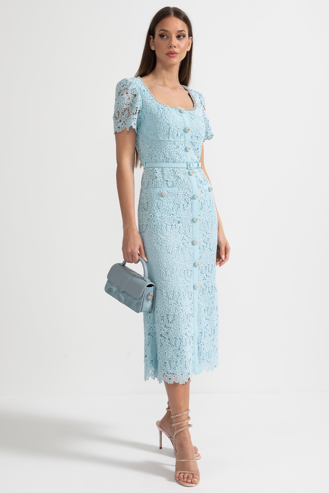 Vestido Midi de Renda Azul Delicada - Azul Bebé