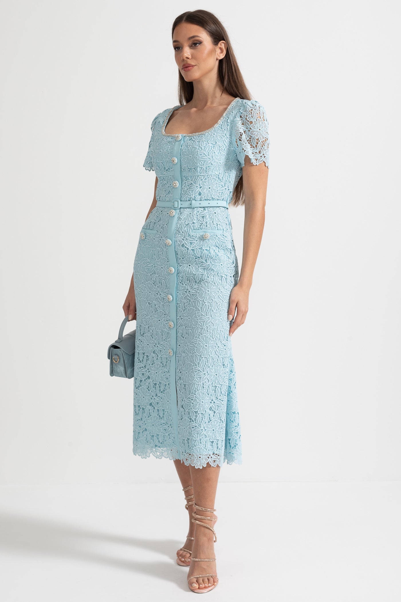 Vestido Midi de Renda Azul Delicada - Azul Bebé