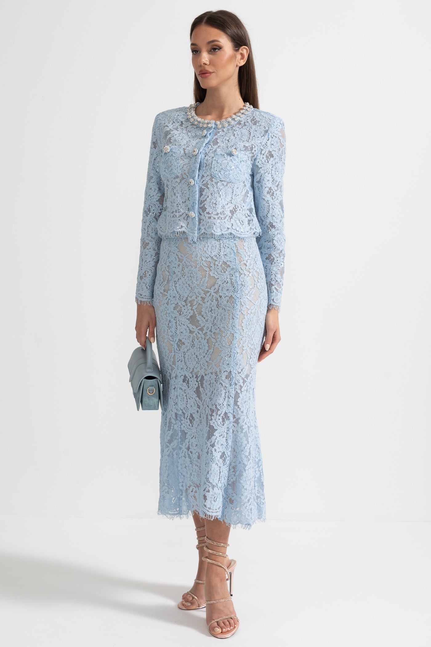 Conjunto de Renda com Detalhes Brilhantes no Decote e Saia Midi - Azul