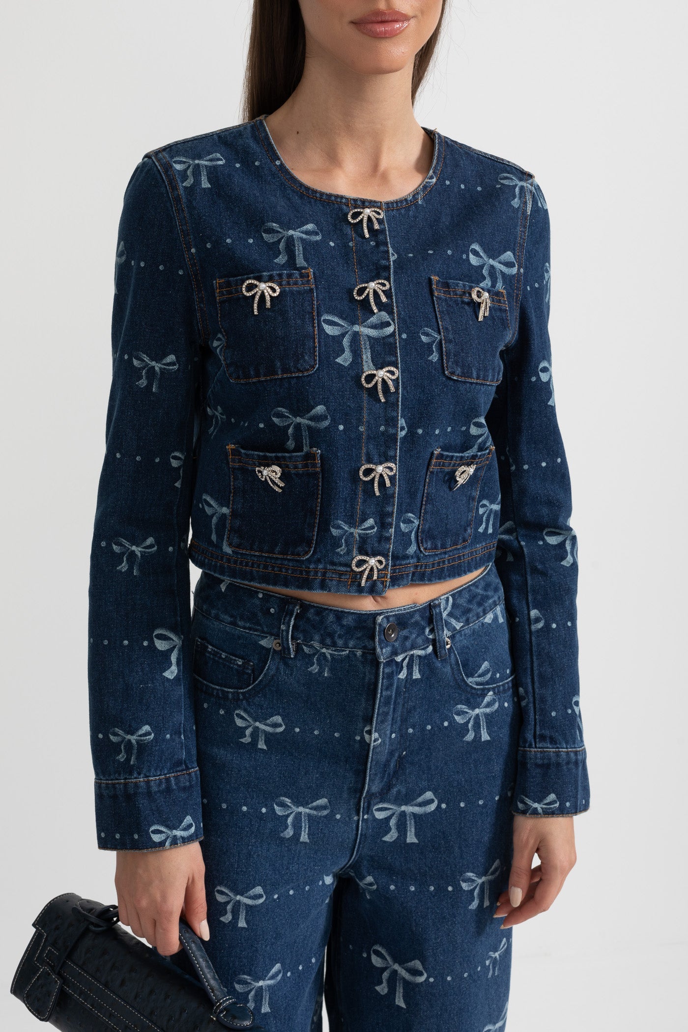 Conjunto de Denim com Casaco de Manga Longa e Jeans de Perna Larga - Azul
