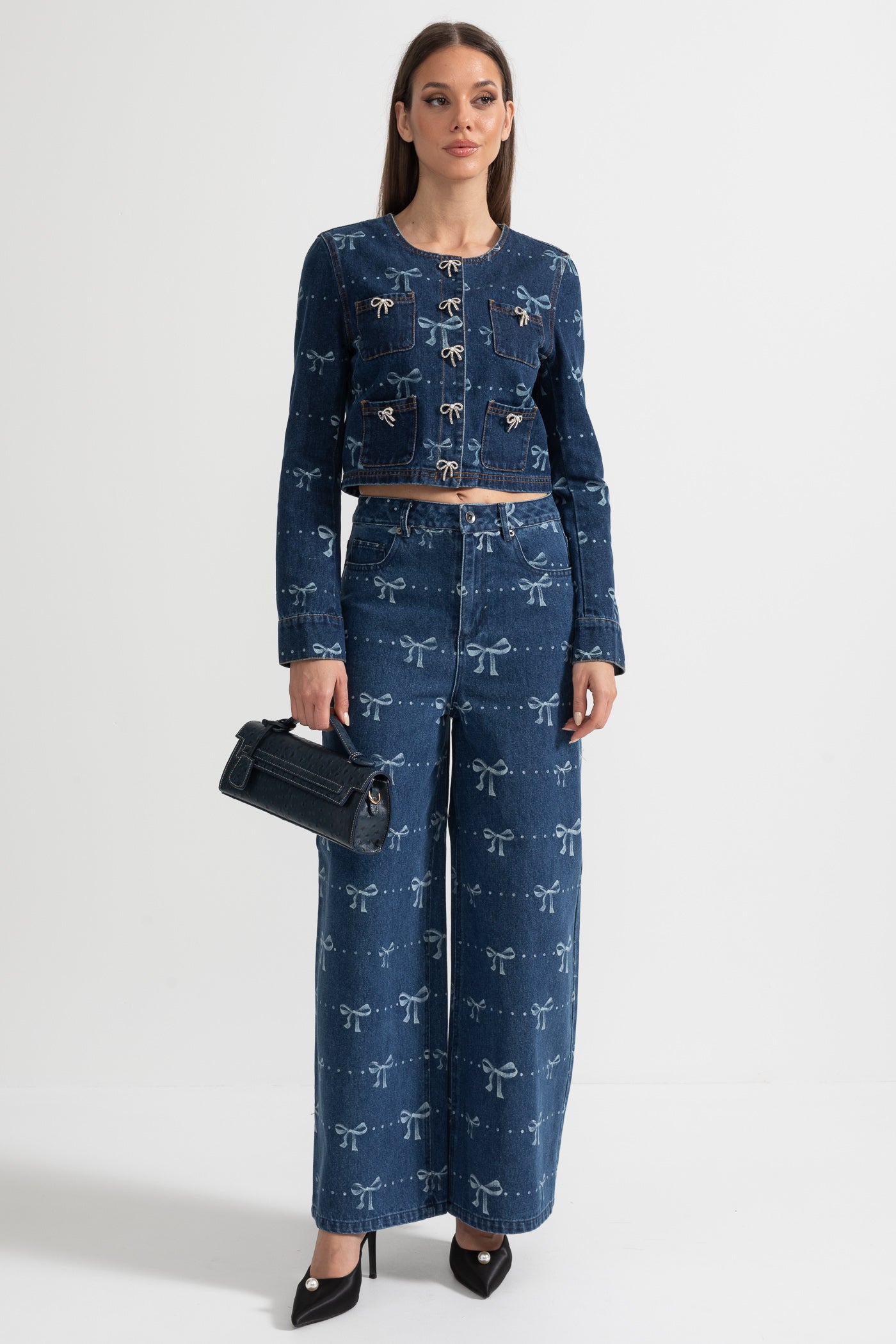 Conjunto de Denim com Casaco de Manga Longa e Jeans de Perna Larga - Azul