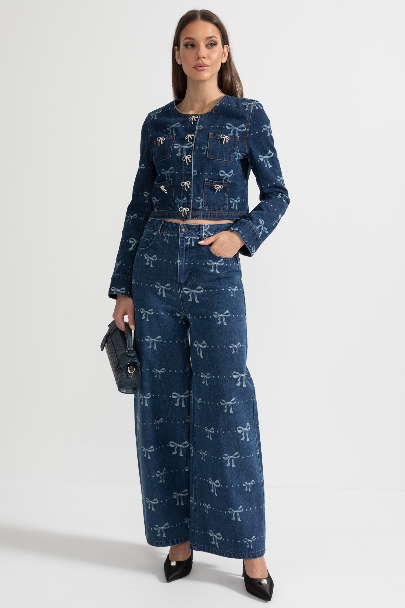 Conjunto de Denim com Casaco de Manga Longa e Jeans de Perna Larga - Azul