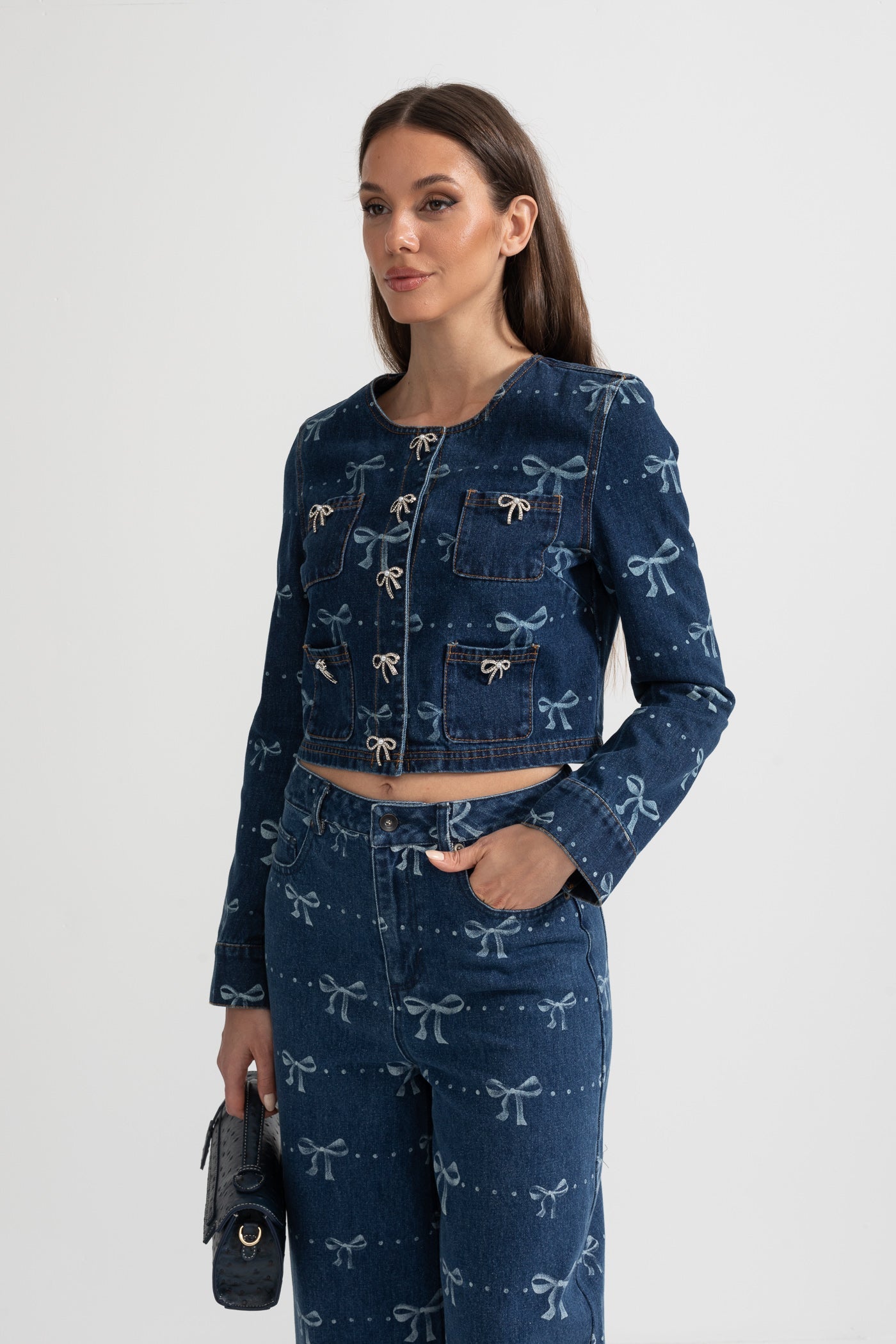 Conjunto de Denim com Casaco de Manga Longa e Jeans de Perna Larga - Azul