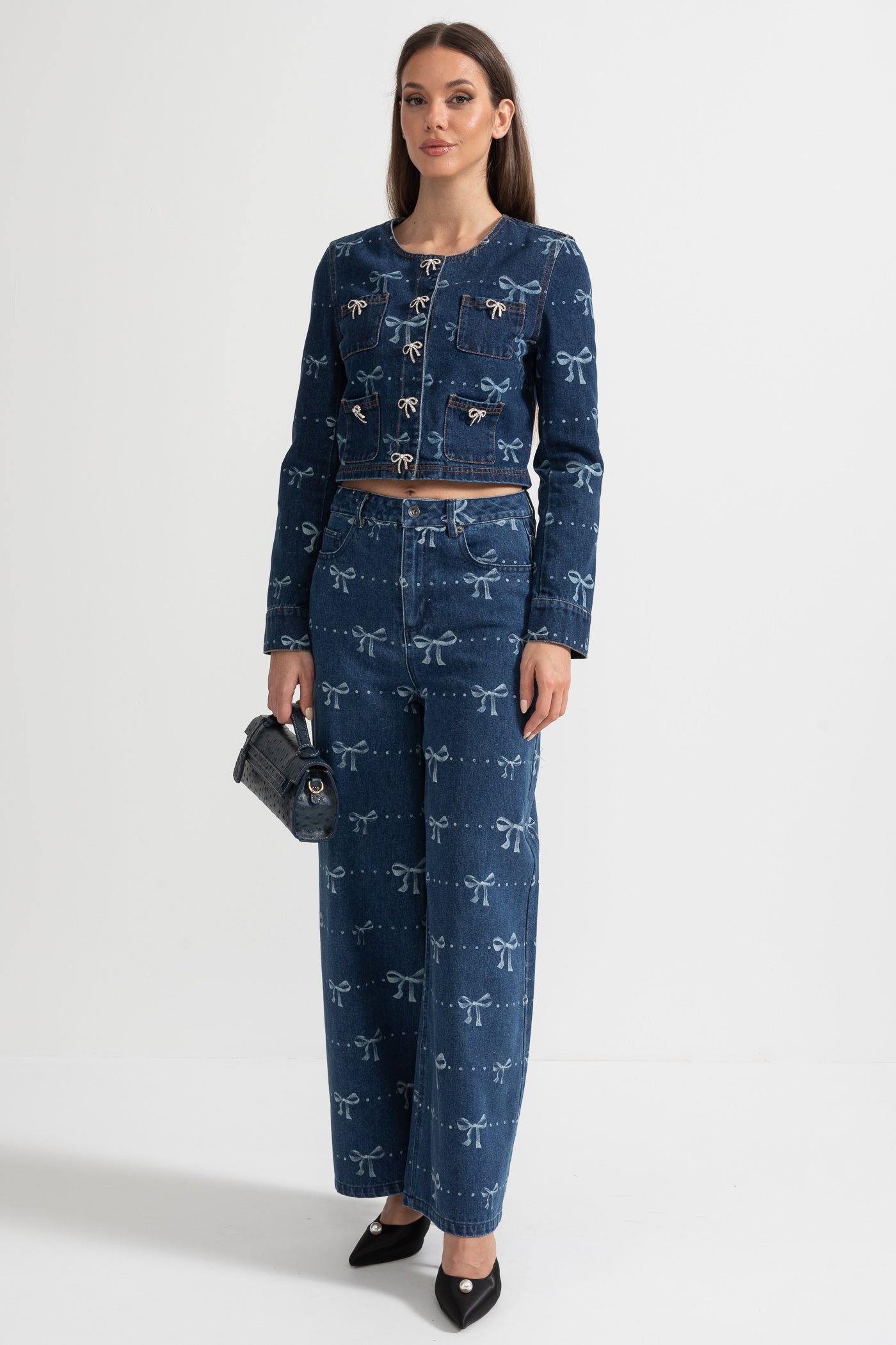 Conjunto de Denim com Casaco de Manga Longa e Jeans de Perna Larga - Azul
