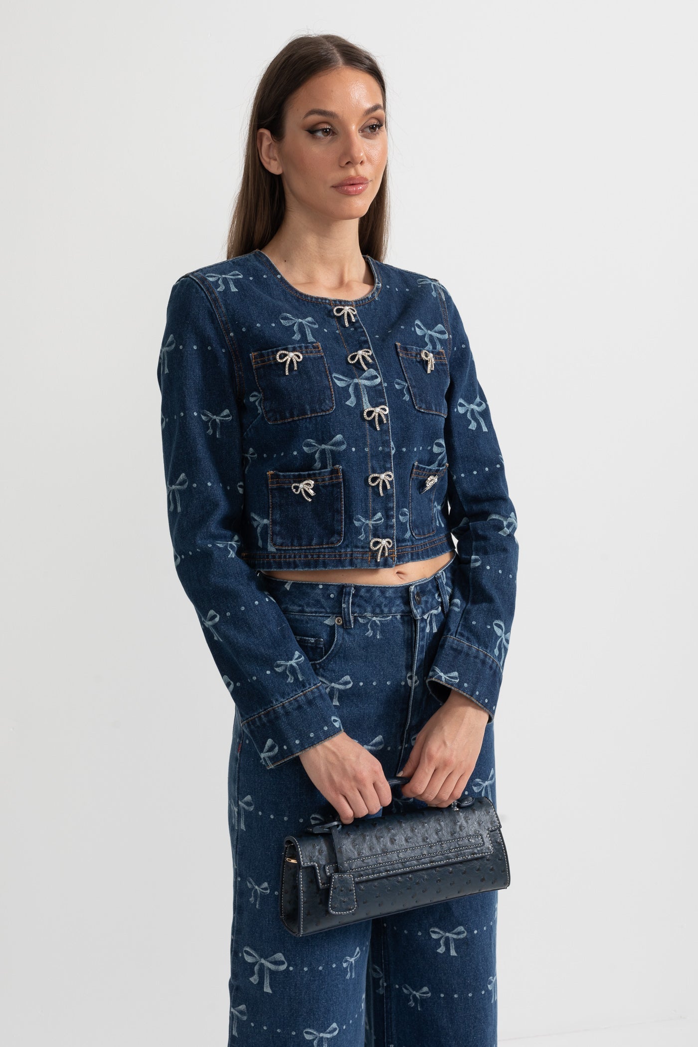 Bolsa Retangular Sofisticada com Padrão de Bolinhas - Azul Escuro