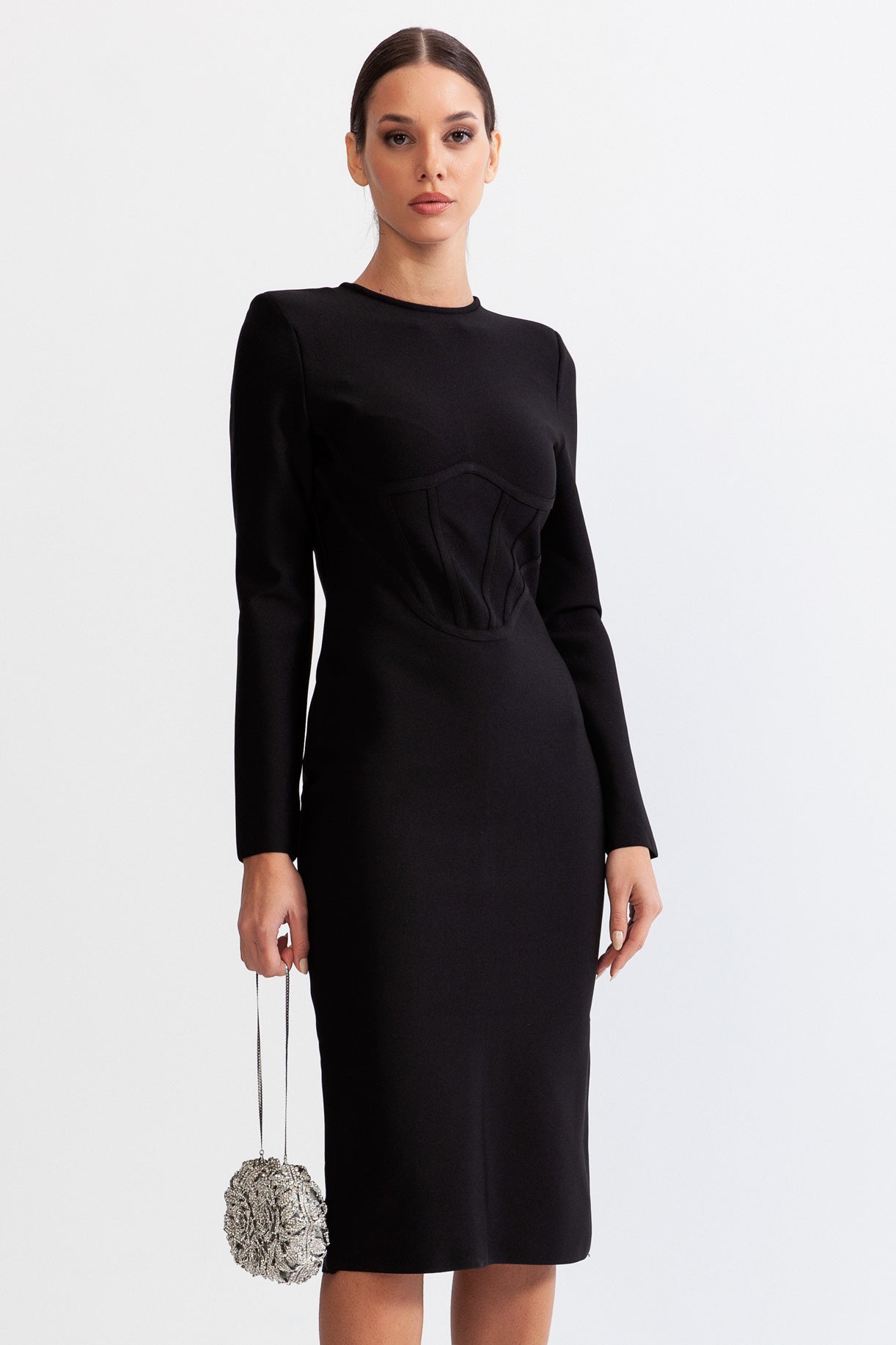 Vestido Midi Areia com Corpete - Preto