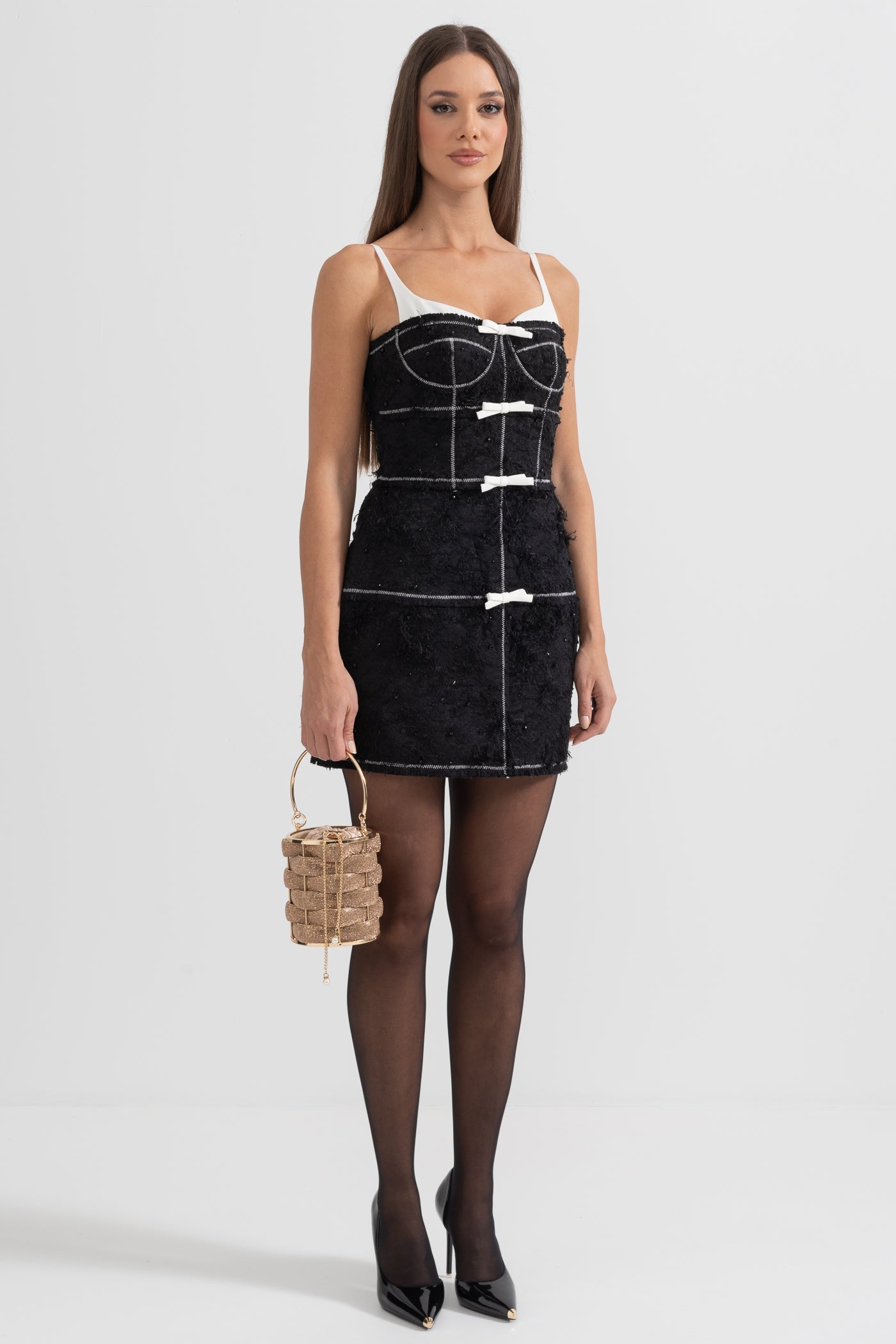 Vestido Mini Com Tecido Com Padrão Semelhante a Penas - Preto