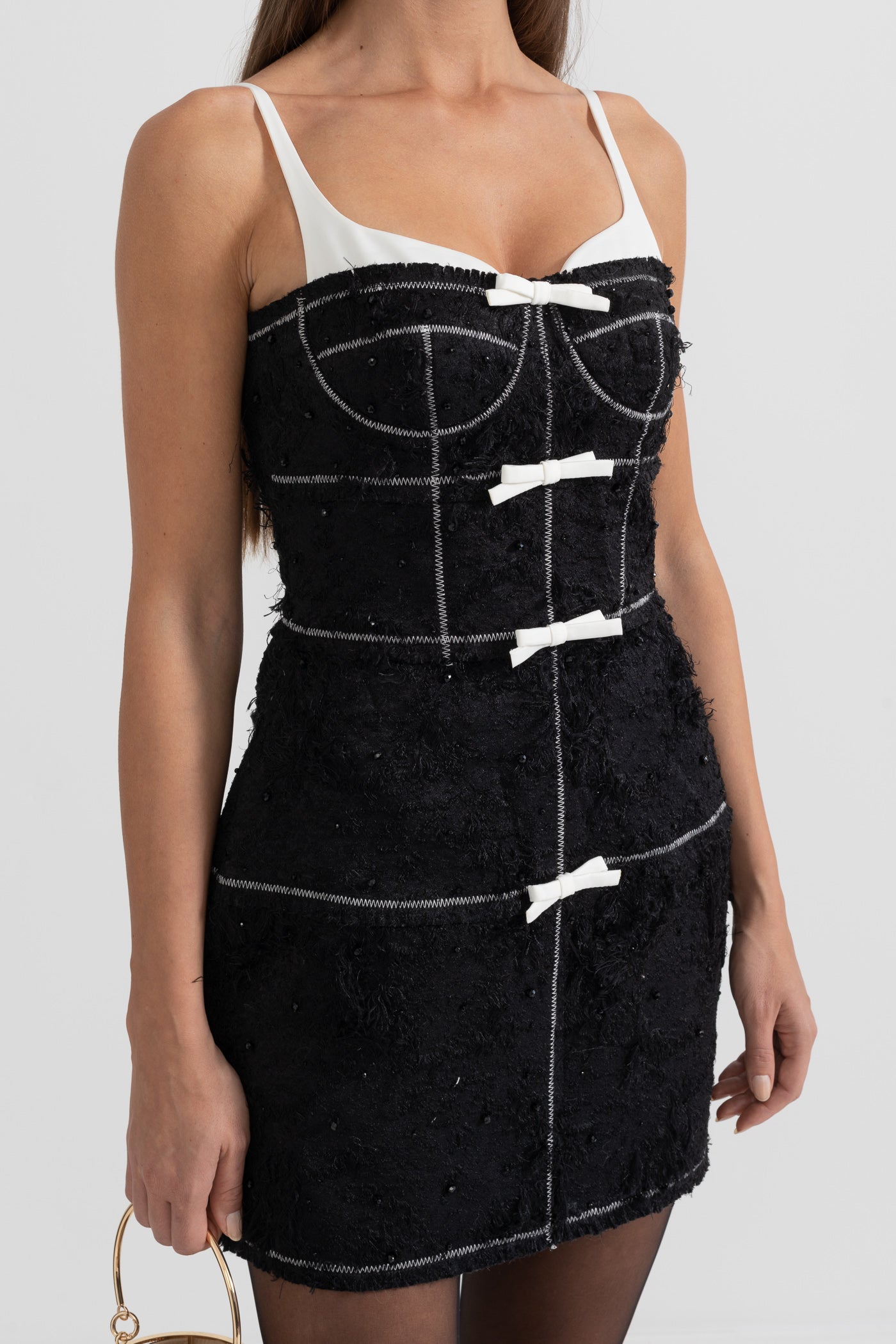 Vestido Mini Com Tecido Com Padrão Semelhante a Penas - Preto