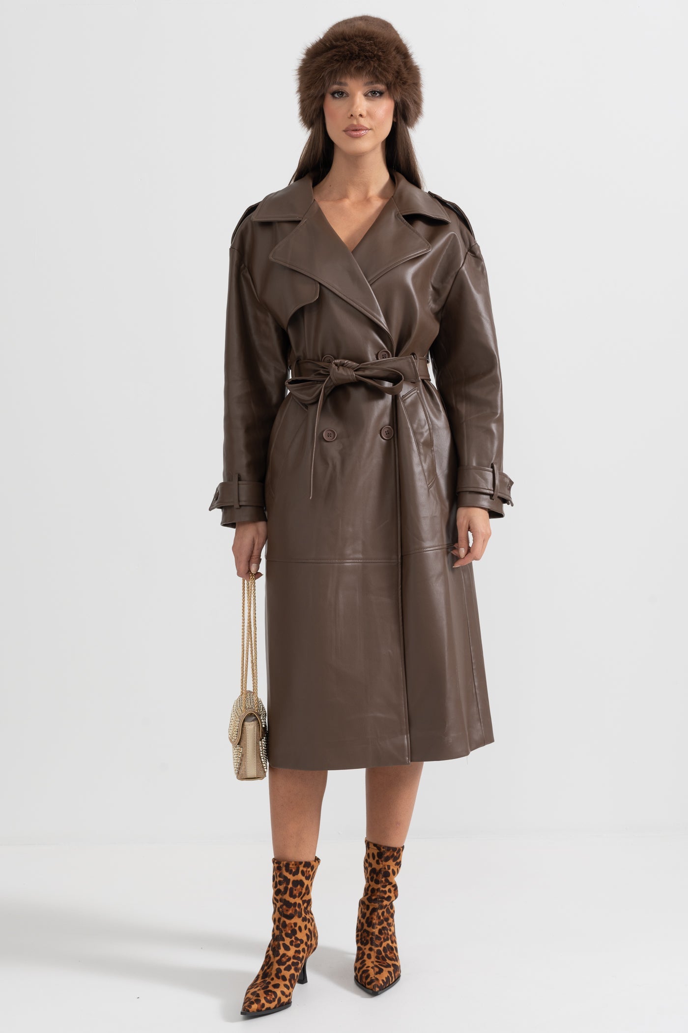 Casaco Trench de Couro Vegan - Castanho