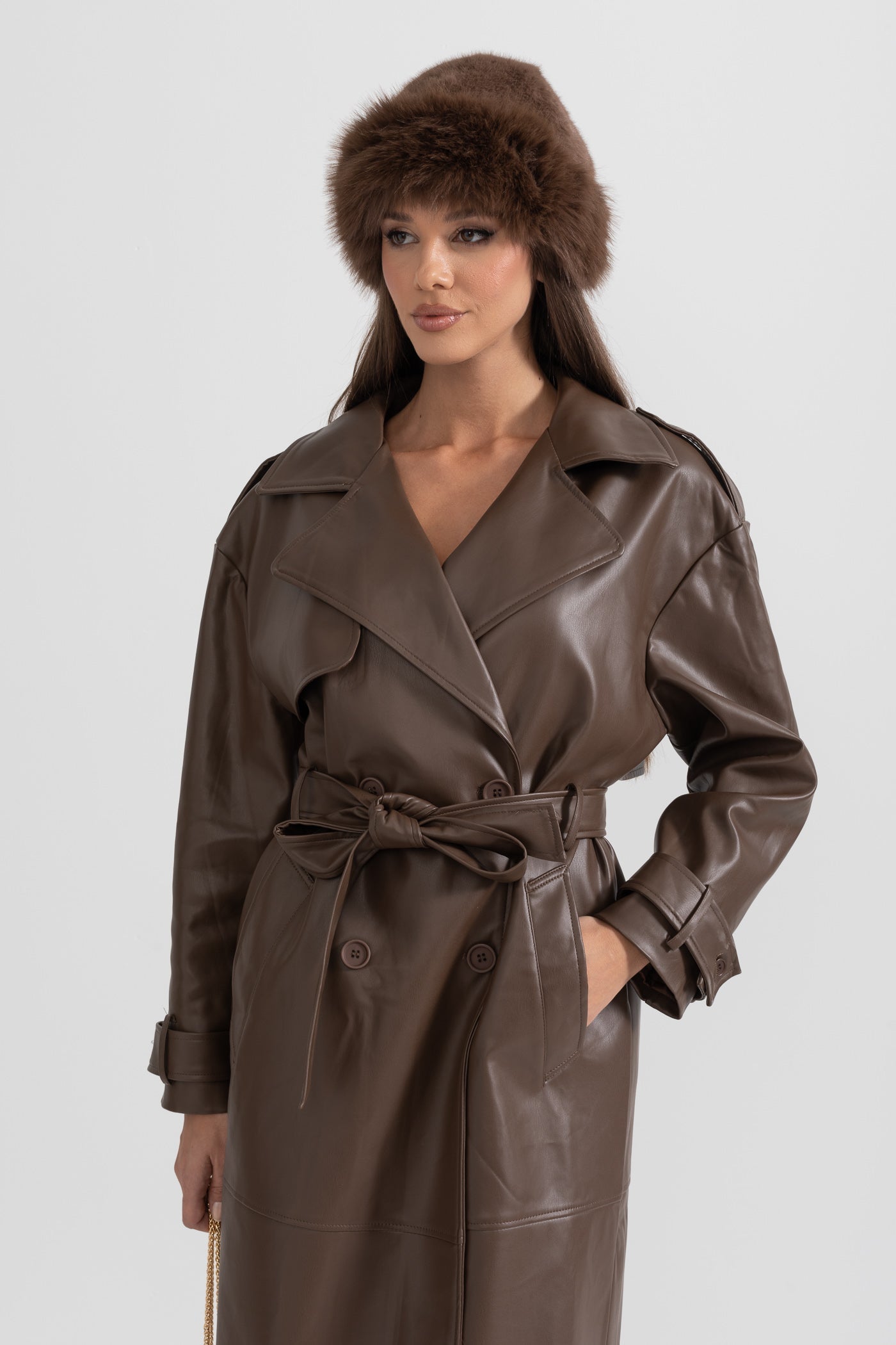 Casaco Trench de Couro Vegan - Castanho