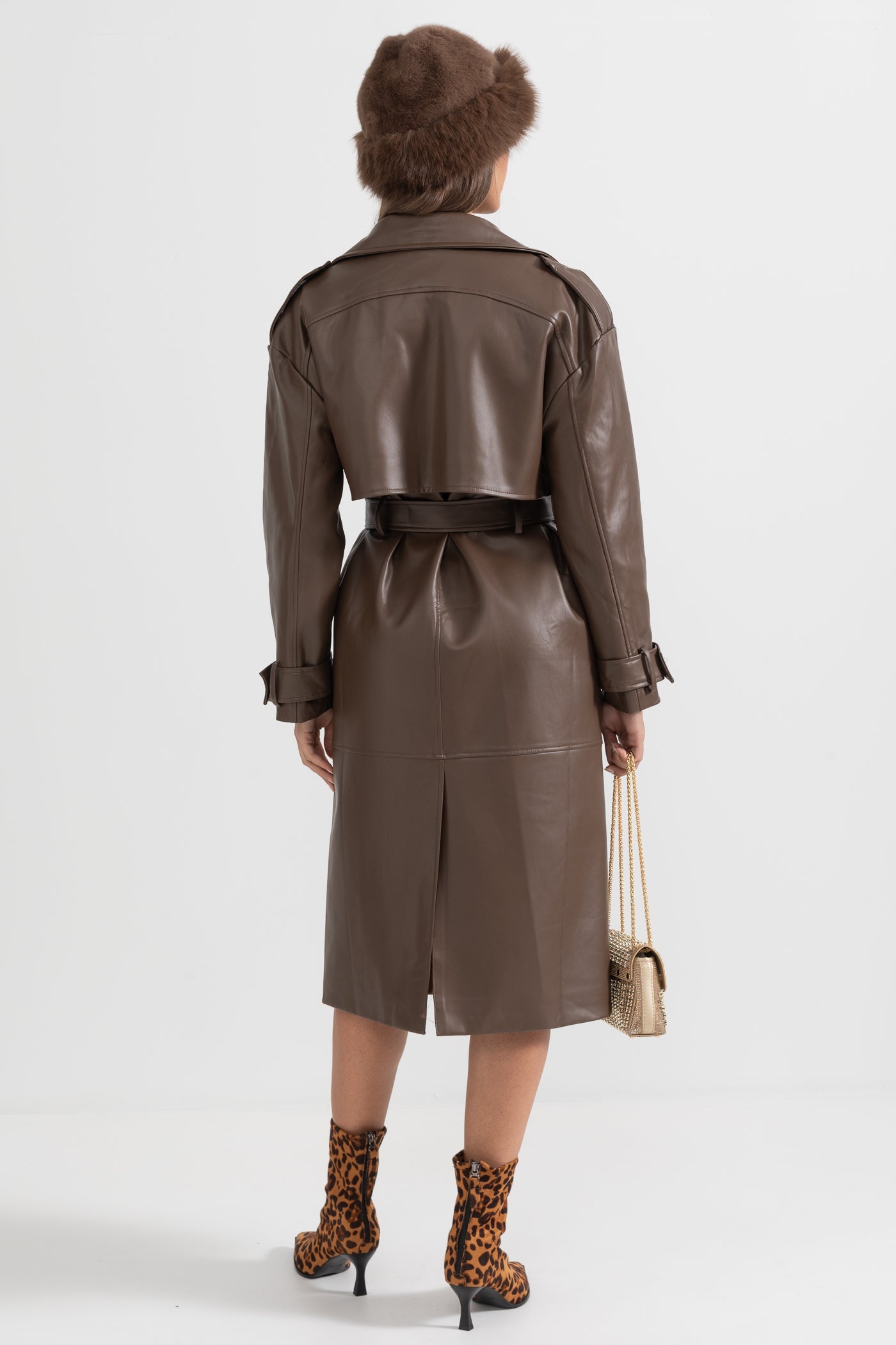 Casaco Trench de Couro Vegan - Castanho