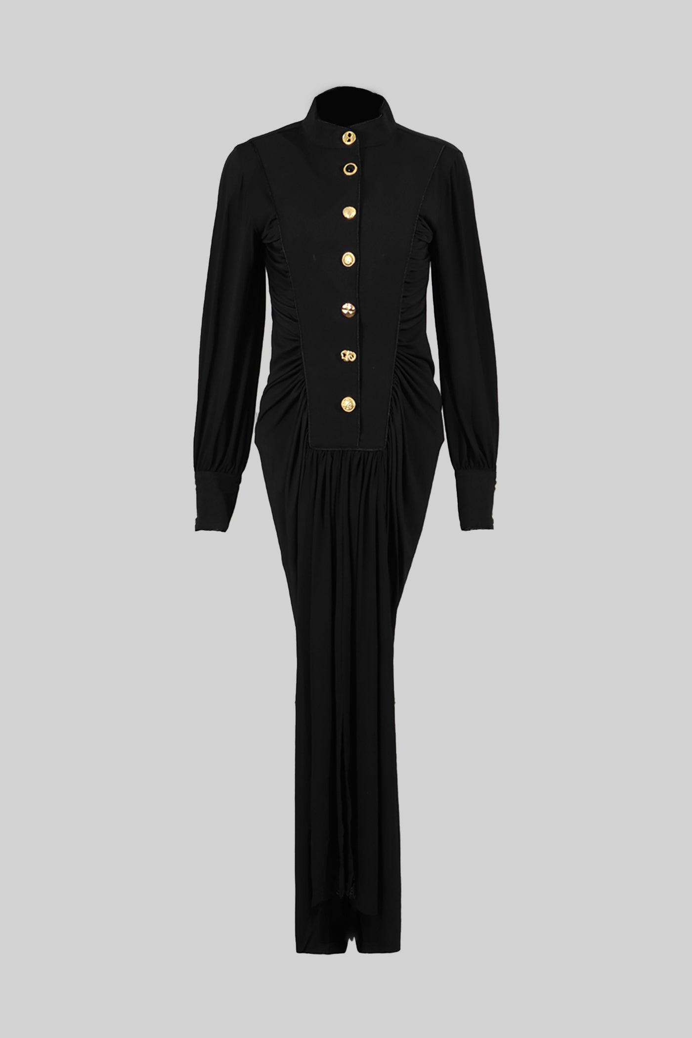Vestido Maxi de Veludo com Botões Dourados em Destaque - Preto