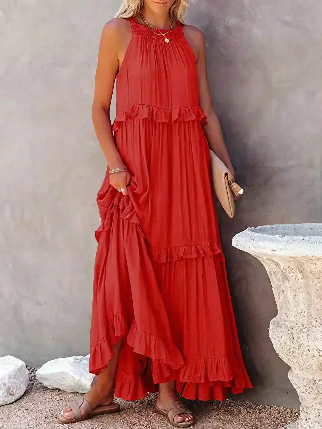 Sarah | Vestido longo com babados e alças finas