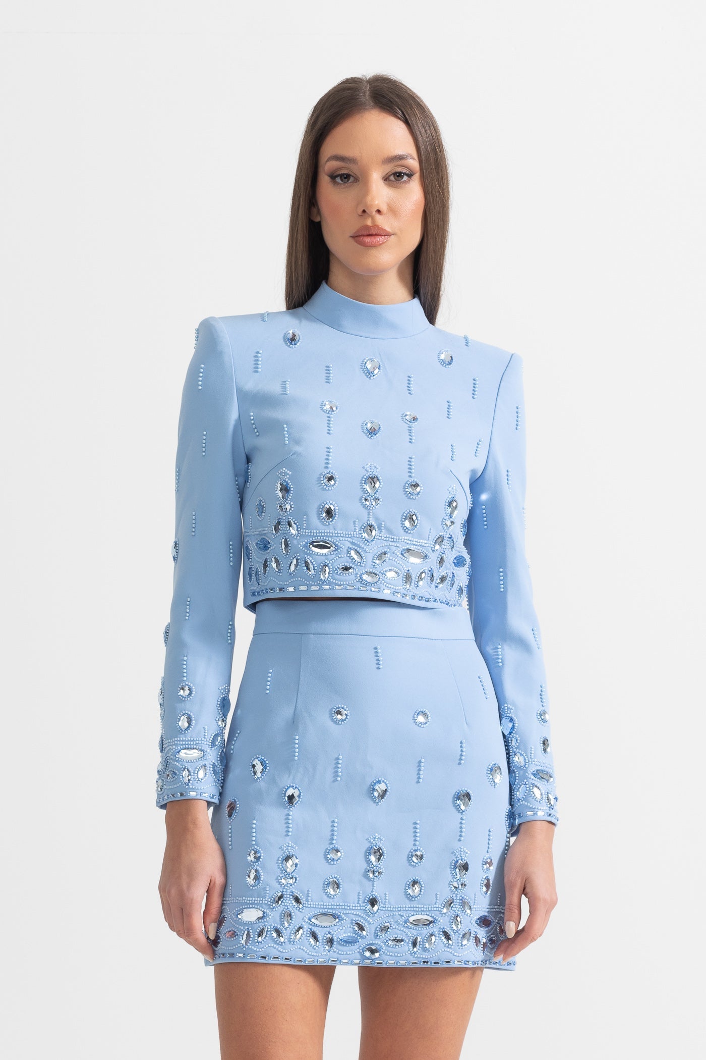 Conjunto com Aplicações de Diamantes e Mini Saia - Azul Bebé