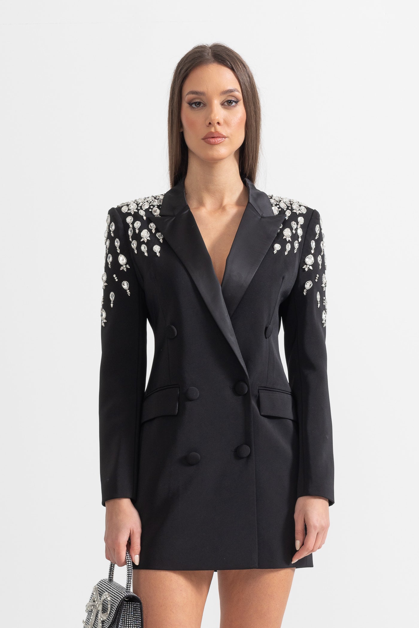 Blazer Elegante Com Ombros Decorados com Diamantes - Preto