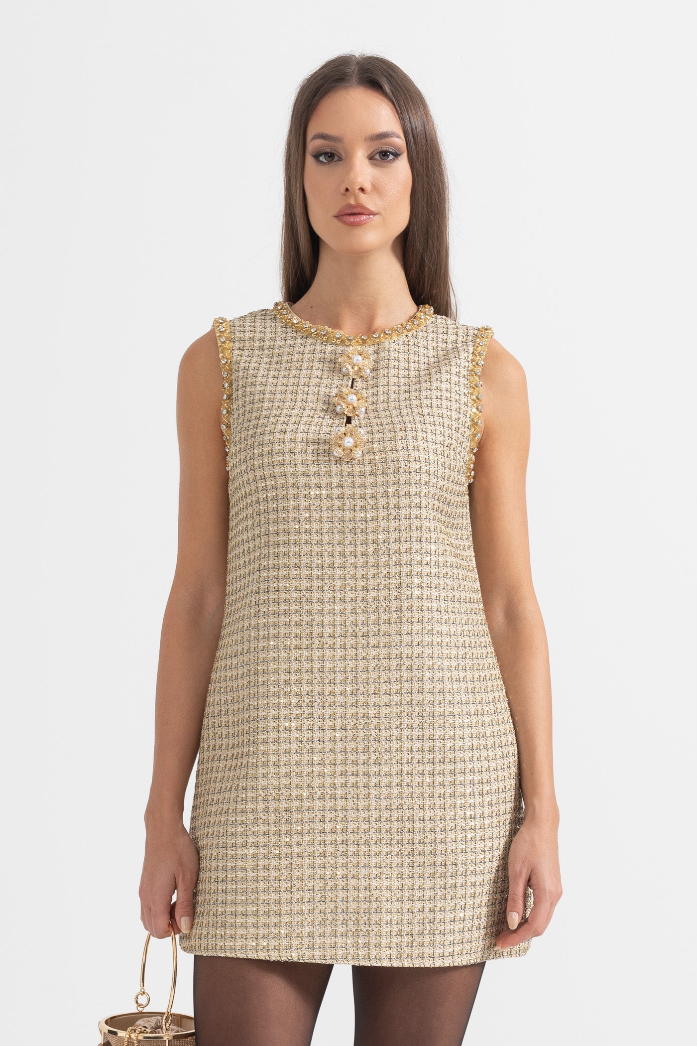 Vestido Mini com Padrão e Acentos Dourados - Ouro
