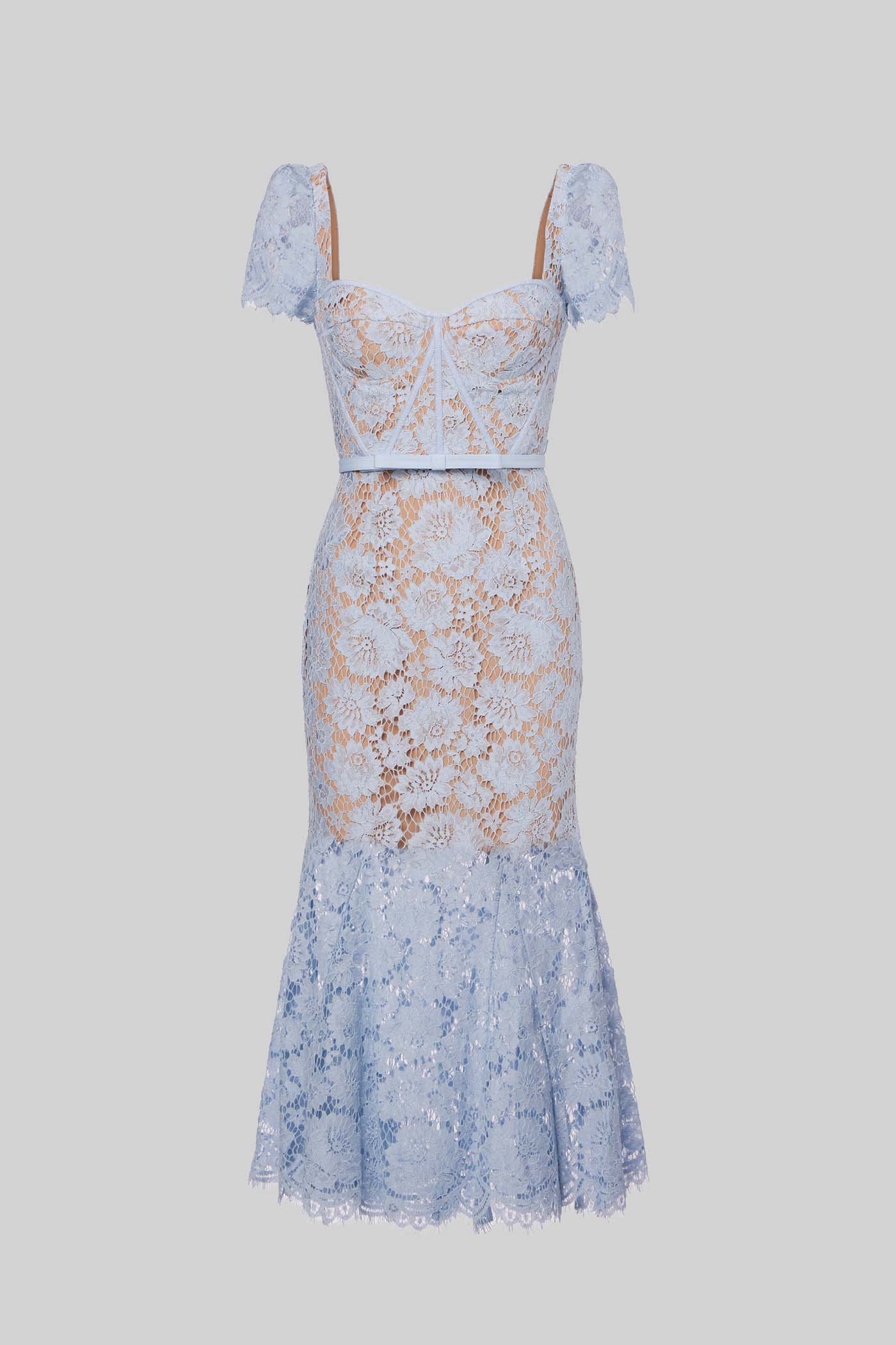 Vestido de Renda de Manga Curta com Cintura Delicada em Azul
