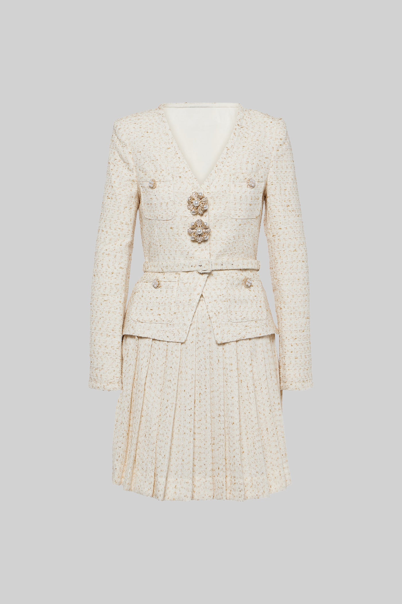 Conjunto Texturizado Com Top De Mangas Compridas E Saia Mini Plissada A Condizer - Ivoire