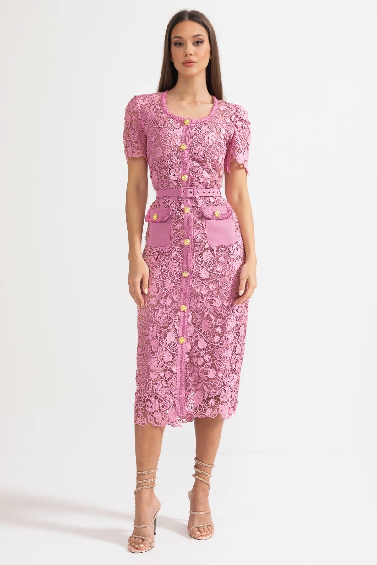 Exquisito Vestido Midi de Renda com Mangas Curtas - Rosa