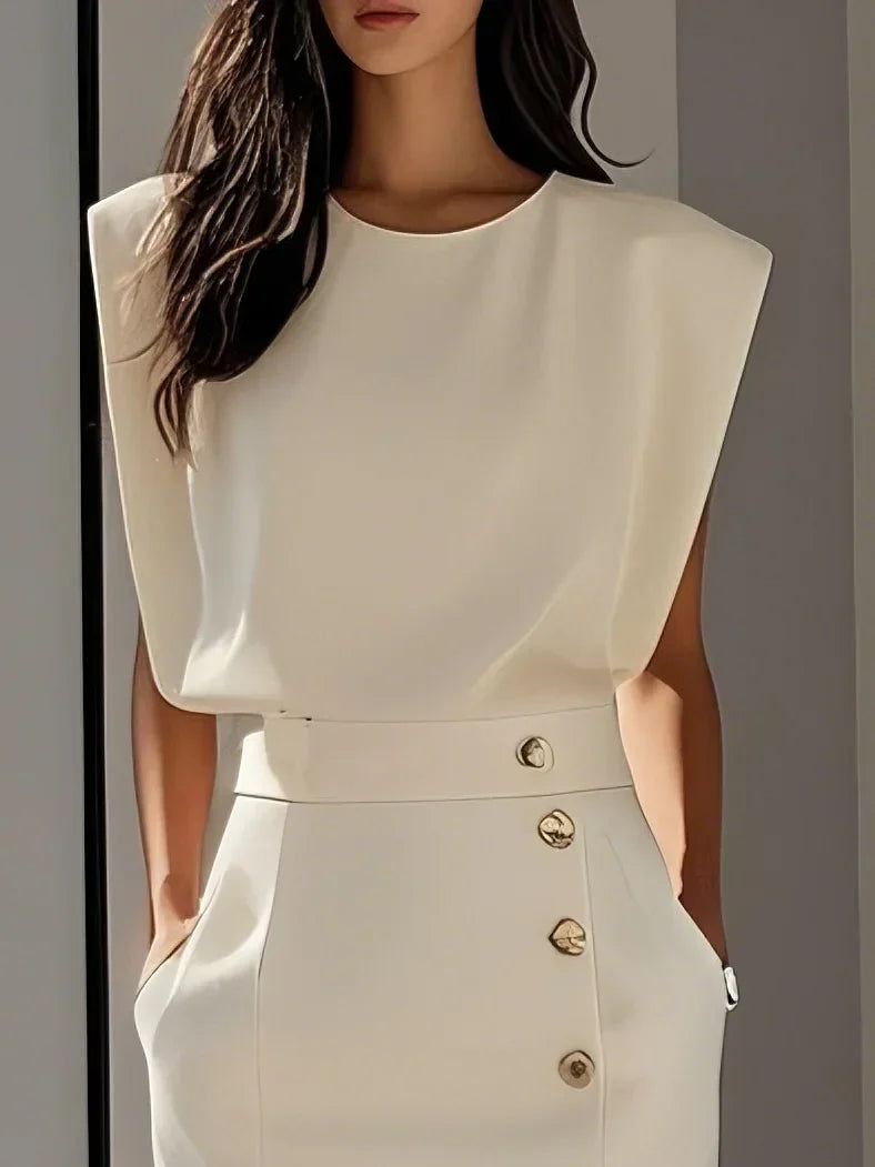Aina - Vestido midi liso com fenda de botões e decote redondo
