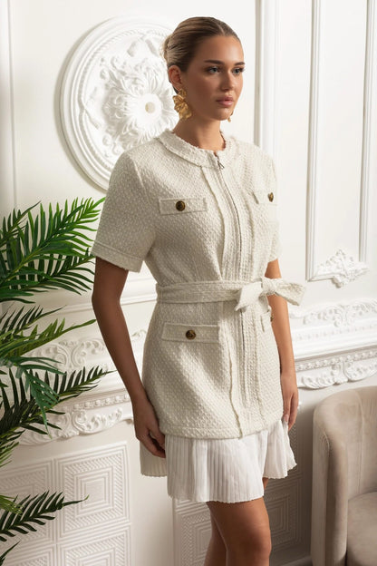 Vestido Mini Bouclé Com Cintura Cinturada E Bainha Plissada - Ivoire