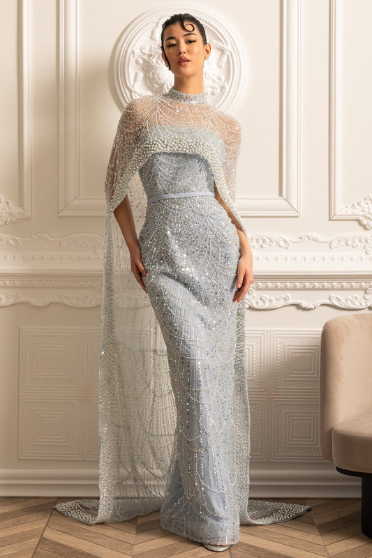 Vestido Glamouroso com Contas e Véu Destacável - Azul