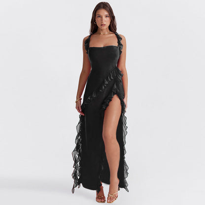Vestido Giorgia comprido em chiffon com folhos e abertura