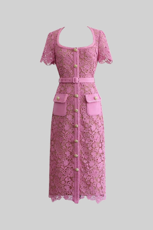 Exquisito Vestido Midi de Renda com Mangas Curtas - Rosa