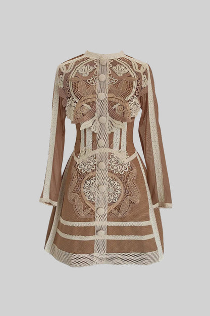 Vestido Silhueta Com Detalhes em Renda em Camadas - Castanho/Bege