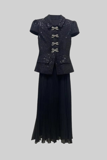 Vestido Elegante Com Top de Lantejoulas e Saia Plissada - Preto