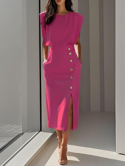 Aina - Vestido midi liso com fenda de botões e decote redondo