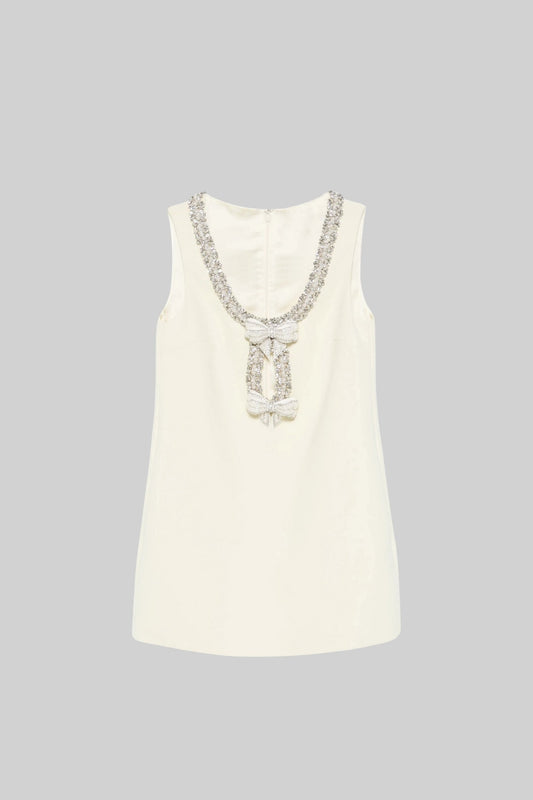 Vestido Mini Sem Mangas Com Decote Intricado Brilhante E Aplicações De Laço - Ivoire